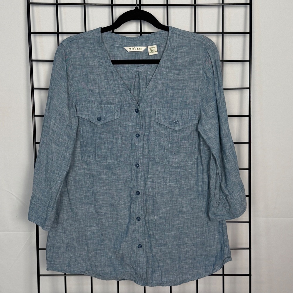 Orvis Chambray Tunic Top Womens M Blue 100% Linen 3/4 Sleeve Button Up Denim